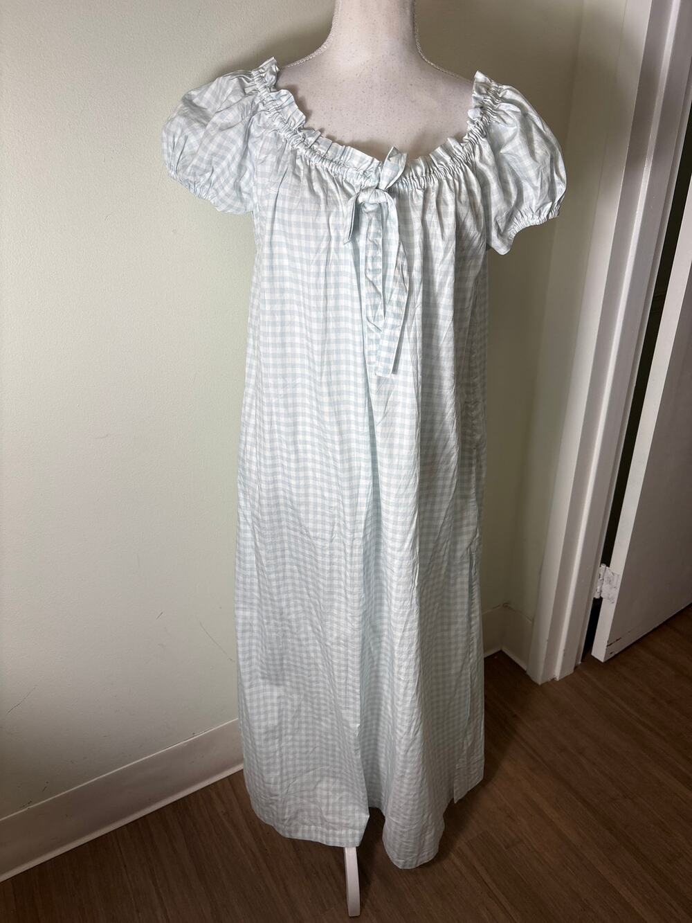 NWT Piyama Light Blue and White Gingham "Lily Long Lounge" Dress Sz M